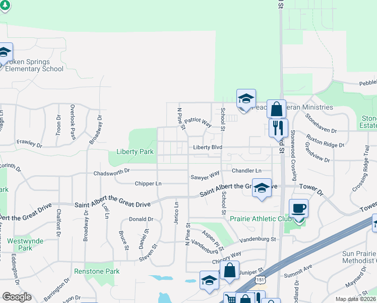 map of restaurants, bars, coffee shops, grocery stores, and more near 1233 Independence Way in Sun Prairie