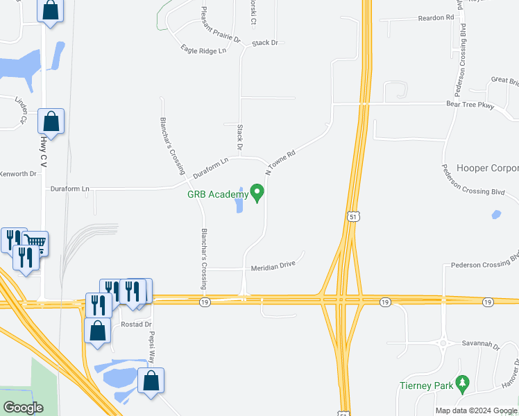 map of restaurants, bars, coffee shops, grocery stores, and more near 4320 North Towne Road in Windsor