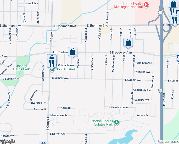 map of restaurants, bars, coffee shops, grocery stores, and more near 2961 Brunswick Street in Norton Shores