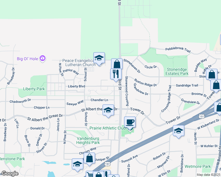 map of restaurants, bars, coffee shops, grocery stores, and more near 881 Liberty Boulevard in Sun Prairie