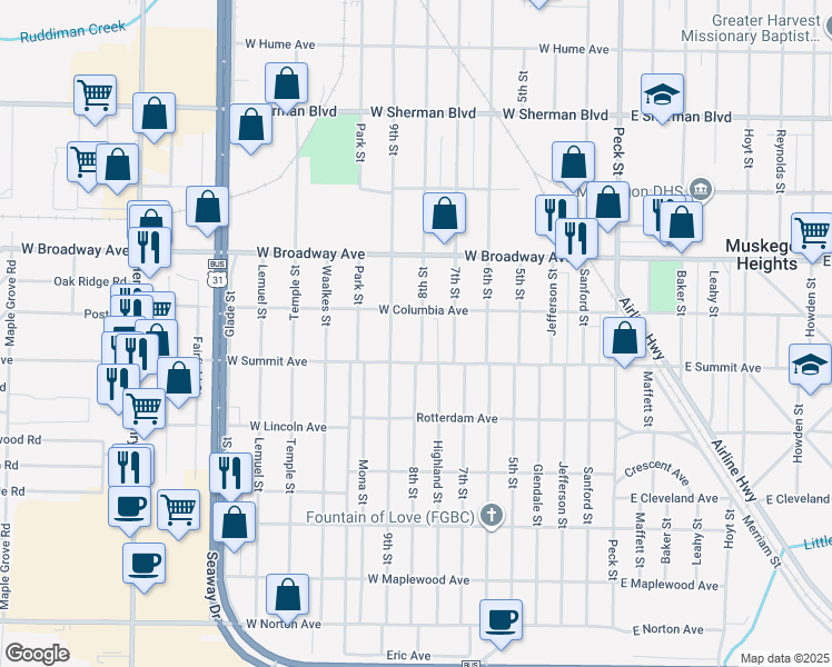 map of restaurants, bars, coffee shops, grocery stores, and more near 2928 9th Street in Muskegon Heights
