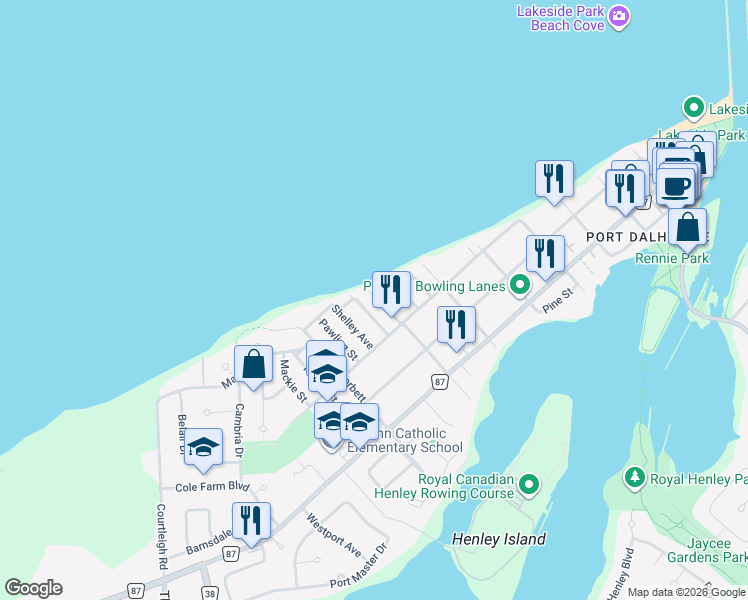 map of restaurants, bars, coffee shops, grocery stores, and more near 17 Considine Avenue in St. Catharines