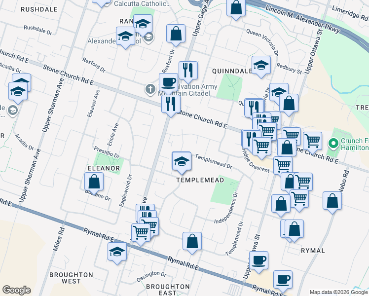 map of restaurants, bars, coffee shops, grocery stores, and more near 61 Rita Avenue in Hamilton