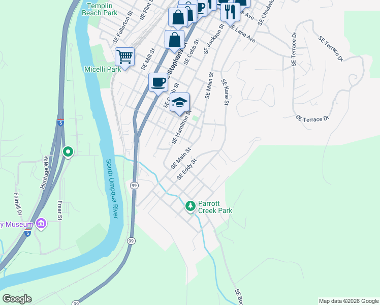 map of restaurants, bars, coffee shops, grocery stores, and more near 1639 Southeast Main Street in Roseburg