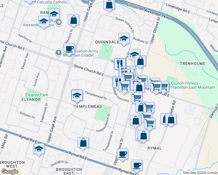 map of restaurants, bars, coffee shops, grocery stores, and more near 15 Tuna Court in Hamilton