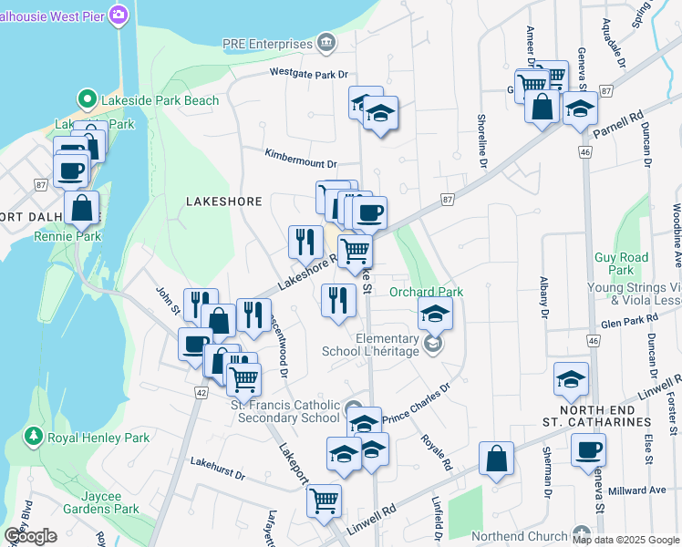 map of restaurants, bars, coffee shops, grocery stores, and more near 50 Lakeshore Road in St. Catharines