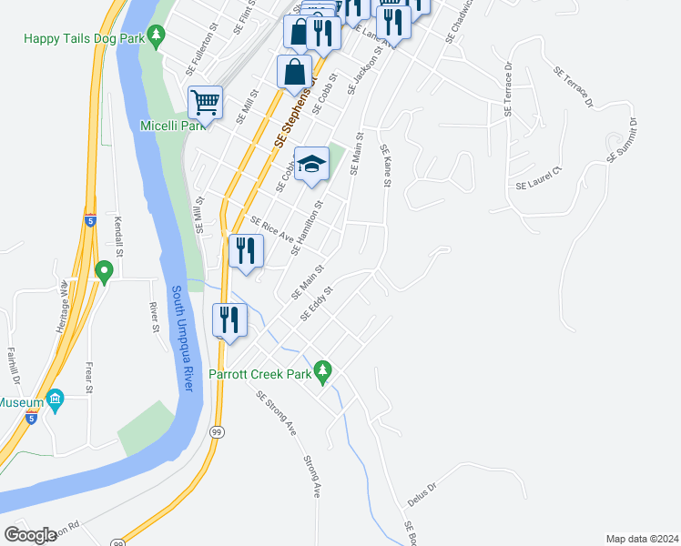 map of restaurants, bars, coffee shops, grocery stores, and more near 1592 Southeast Eddy Street in Roseburg