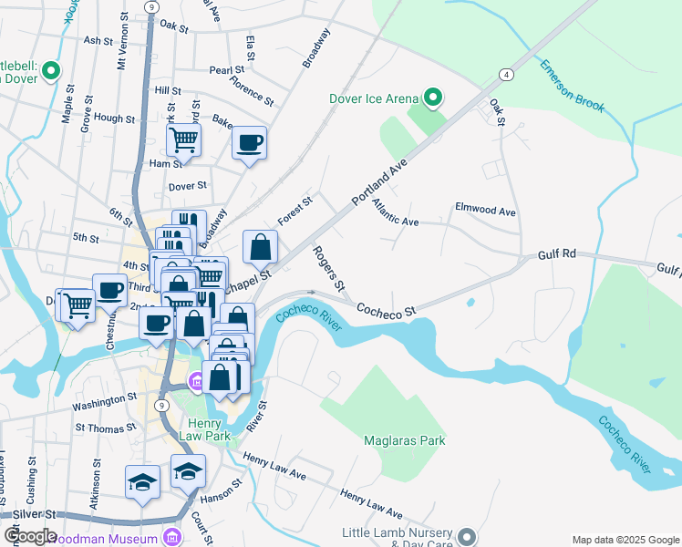 map of restaurants, bars, coffee shops, grocery stores, and more near 5 Rogers Street in Dover