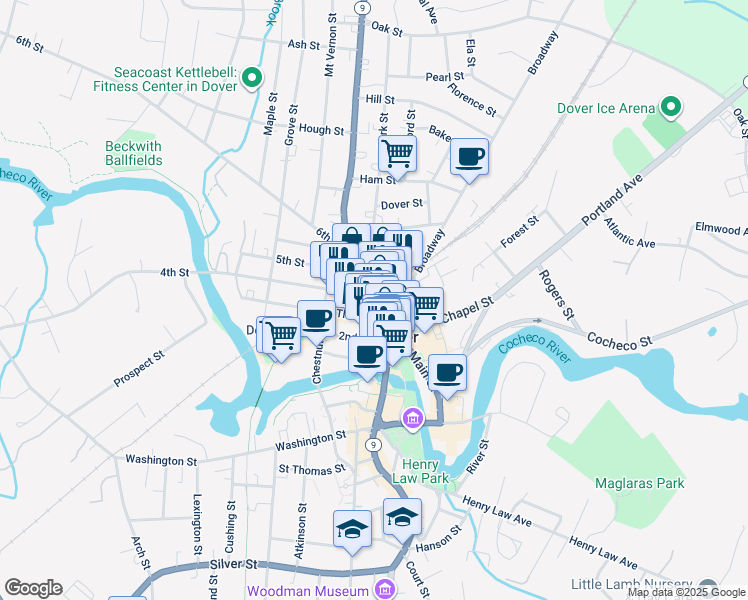 map of restaurants, bars, coffee shops, grocery stores, and more near 20a Third Street in Dover