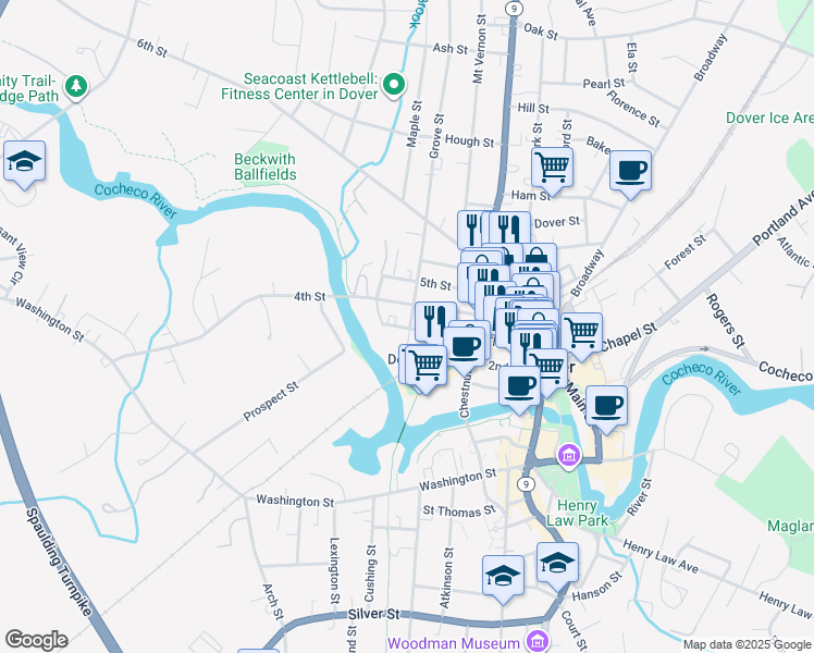 map of restaurants, bars, coffee shops, grocery stores, and more near 4 Grove Street in Dover