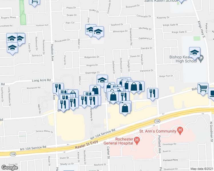 map of restaurants, bars, coffee shops, grocery stores, and more near 78 Stanton Lane in Rochester