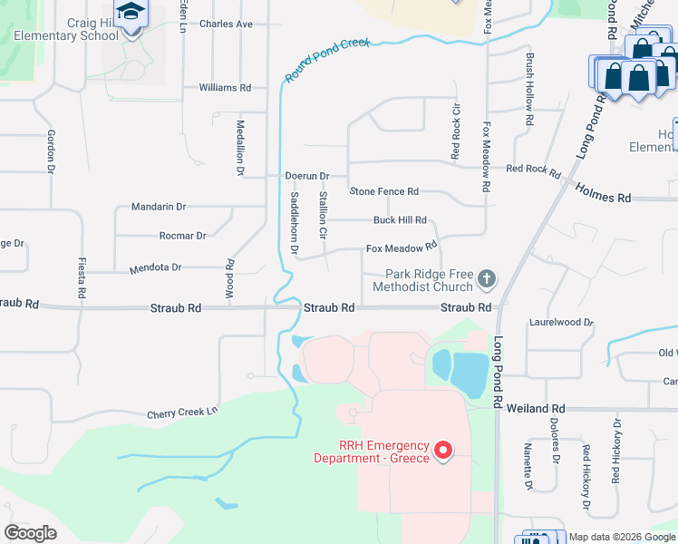 map of restaurants, bars, coffee shops, grocery stores, and more near 141 Stallion Circle in Rochester
