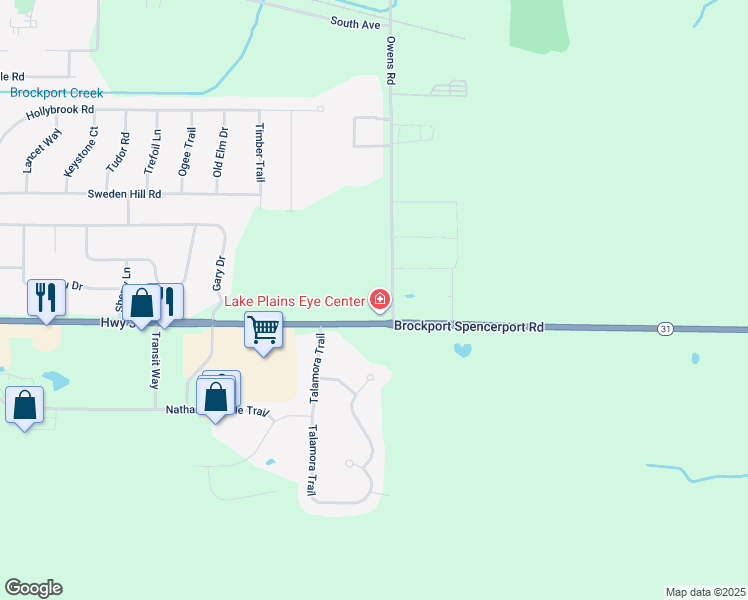 map of restaurants, bars, coffee shops, grocery stores, and more near 6090 Brockport Spencerport Road in Brockport