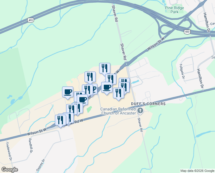 map of restaurants, bars, coffee shops, grocery stores, and more near 1080 Wilson Street West in Hamilton
