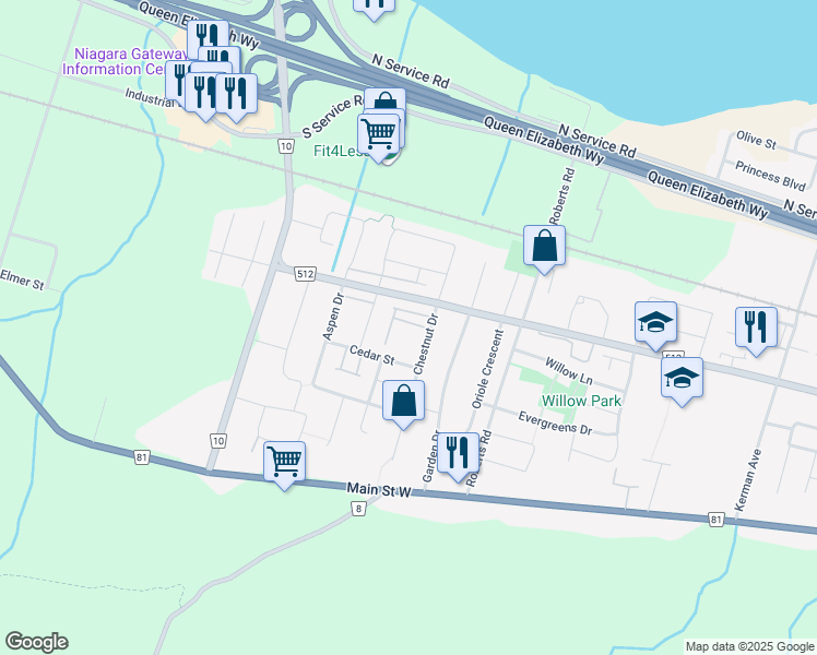 map of restaurants, bars, coffee shops, grocery stores, and more near 6 Chestnut Drive in Grimsby