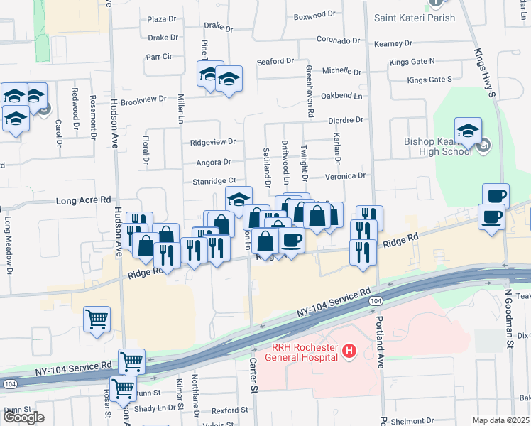 map of restaurants, bars, coffee shops, grocery stores, and more near 28 Georgetown Drive in Rochester