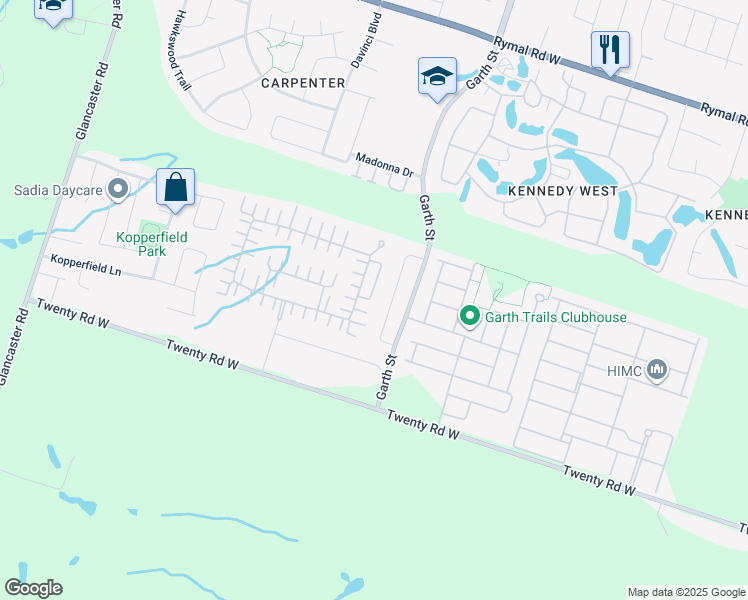 map of restaurants, bars, coffee shops, grocery stores, and more near 48 Garth Trails Crescent in Hamilton