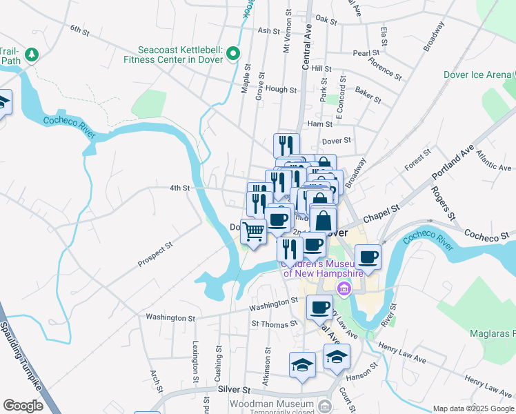 map of restaurants, bars, coffee shops, grocery stores, and more near 33 Third Street in Dover