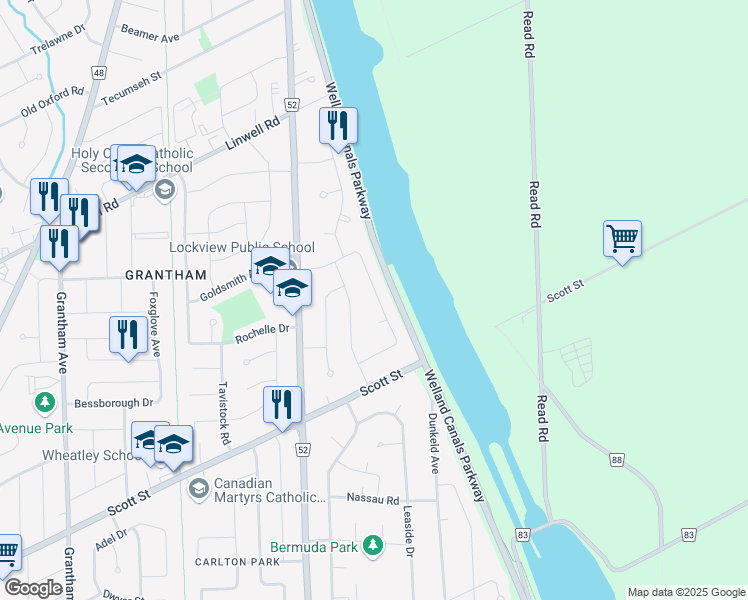 map of restaurants, bars, coffee shops, grocery stores, and more near 35 Lockview Crescent in St. Catharines