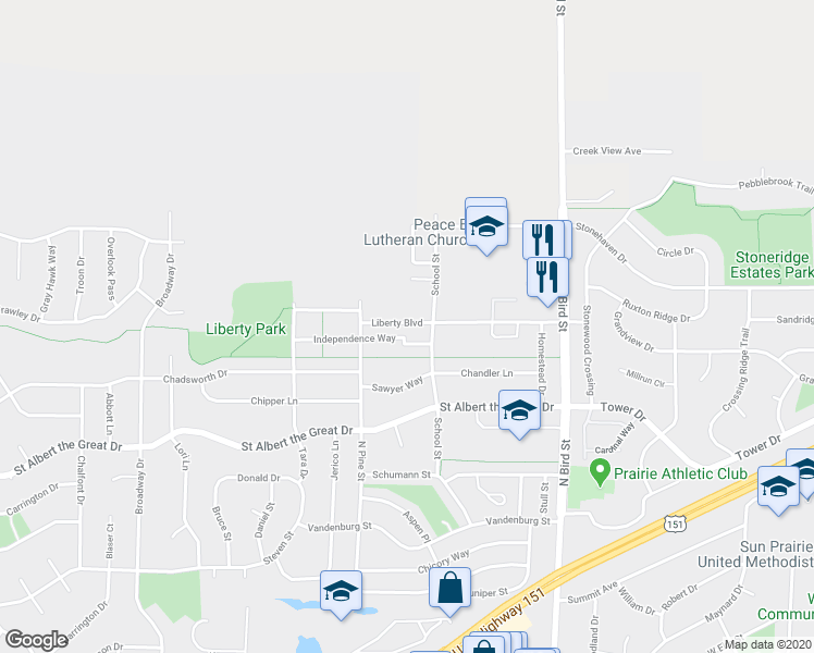 map of restaurants, bars, coffee shops, grocery stores, and more near 1246 School Street in Sun Prairie