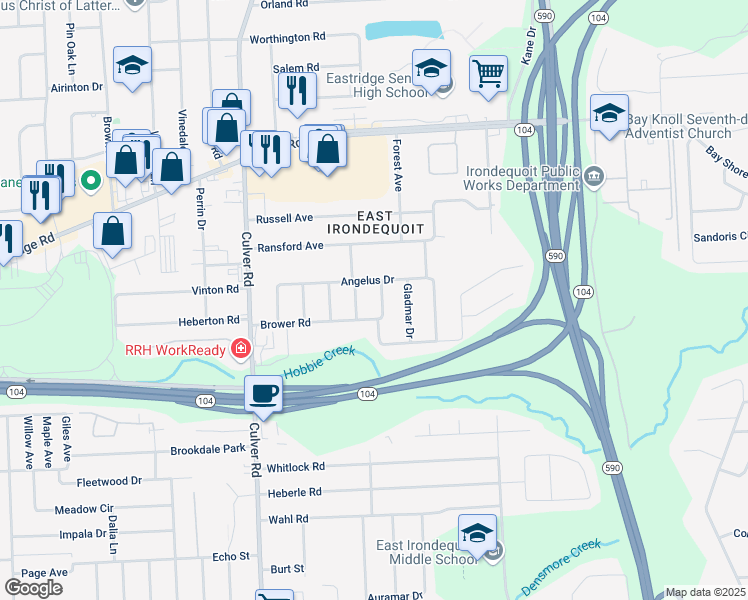 map of restaurants, bars, coffee shops, grocery stores, and more near 5 Caren Drive in Rochester