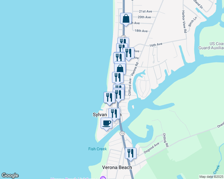 map of restaurants, bars, coffee shops, grocery stores, and more near 805 Park Avenue in Sylvan Beach