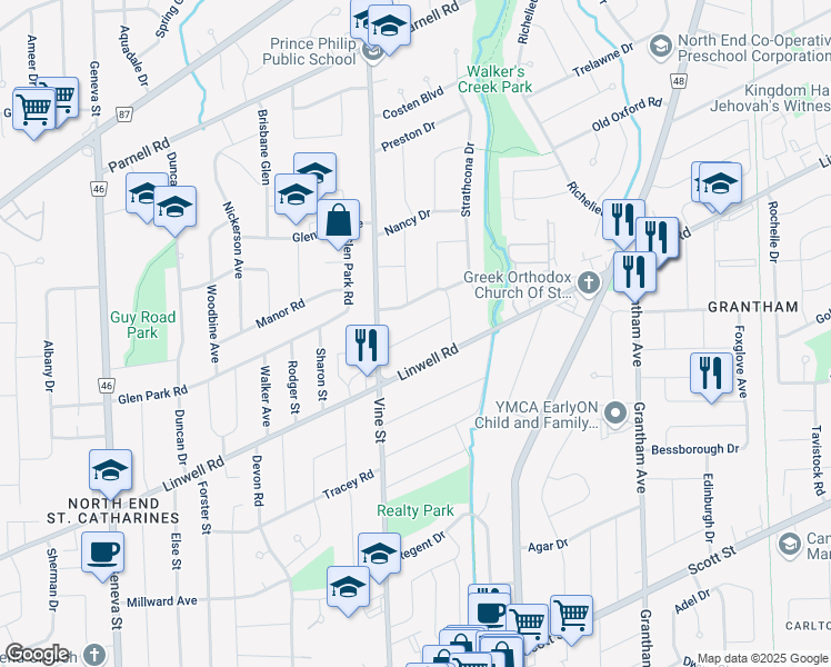 map of restaurants, bars, coffee shops, grocery stores, and more near Sunnyside Drive in Saint Catharines