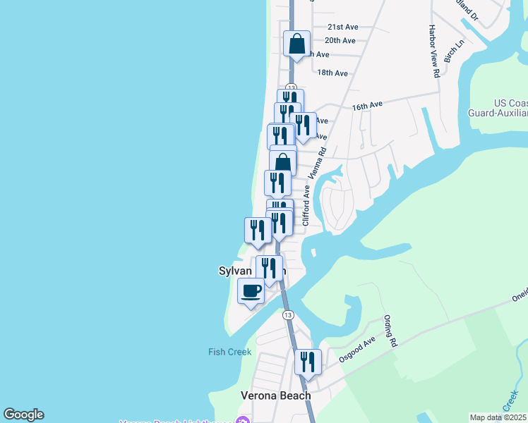 map of restaurants, bars, coffee shops, grocery stores, and more near 805 Park Avenue in Sylvan Beach