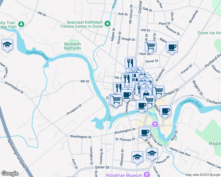 map of restaurants, bars, coffee shops, grocery stores, and more near 4 Grove Street in Dover