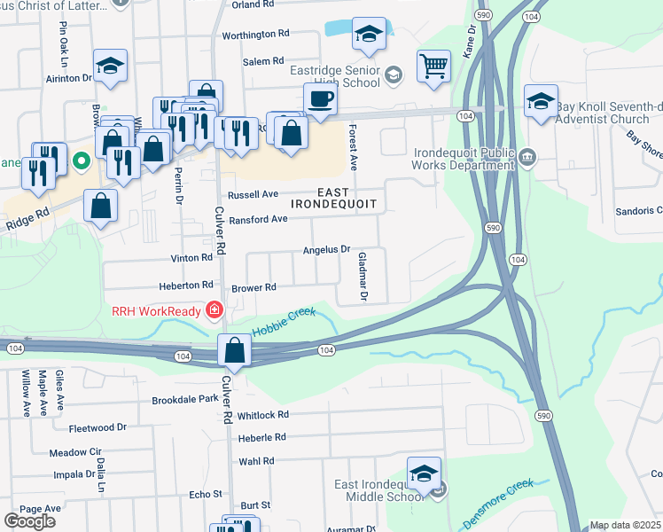 map of restaurants, bars, coffee shops, grocery stores, and more near 5 Caren Drive in Rochester