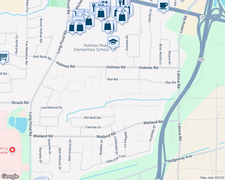 map of restaurants, bars, coffee shops, grocery stores, and more near 36 Chateau Lane in Rochester