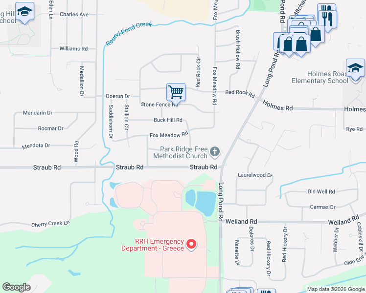 map of restaurants, bars, coffee shops, grocery stores, and more near 115 Buck Hill Road in Rochester