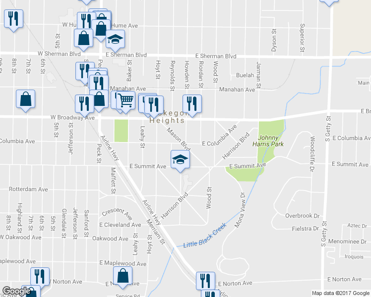 map of restaurants, bars, coffee shops, grocery stores, and more near 2913 Howden Street in Muskegon Heights