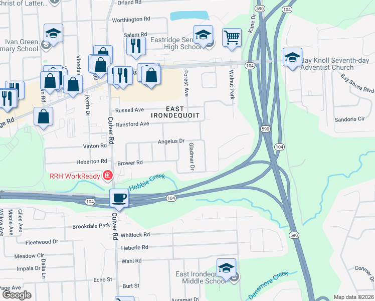 map of restaurants, bars, coffee shops, grocery stores, and more near 34 Gladmar Drive in Rochester