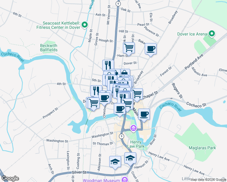 map of restaurants, bars, coffee shops, grocery stores, and more near 4 4th Street in Dover