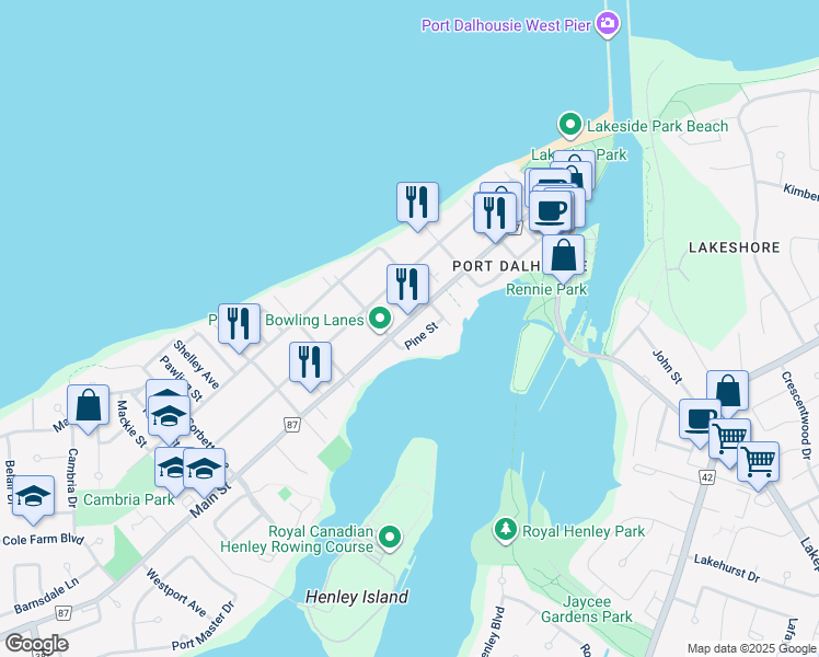 map of restaurants, bars, coffee shops, grocery stores, and more near 93 Regional Road 87 in St. Catharines