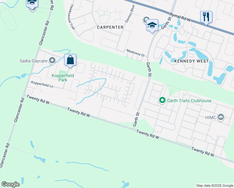 map of restaurants, bars, coffee shops, grocery stores, and more near Silverbirch Boulevard in Hamilton