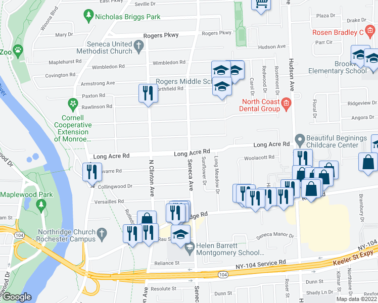 map of restaurants, bars, coffee shops, grocery stores, and more near 302 Long Acre Road in Rochester