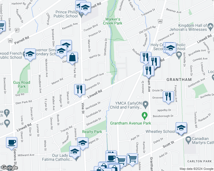 map of restaurants, bars, coffee shops, grocery stores, and more near 379 Linwell Road in St. Catharines