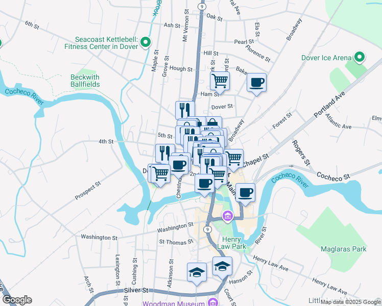 map of restaurants, bars, coffee shops, grocery stores, and more near 60 Third Street in Dover