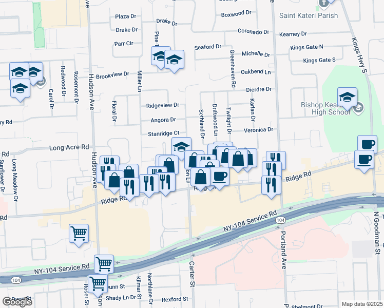 map of restaurants, bars, coffee shops, grocery stores, and more near 4 Georgetown Drive in Rochester