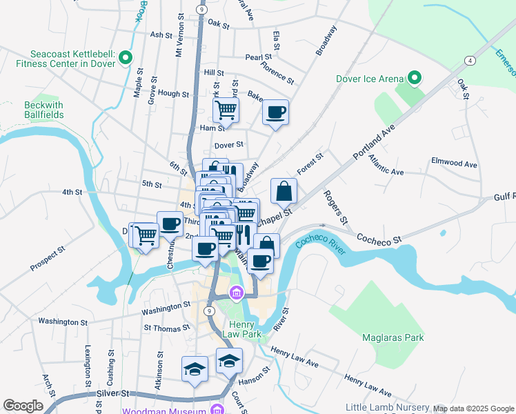 map of restaurants, bars, coffee shops, grocery stores, and more near 7 Saint John Street in Dover