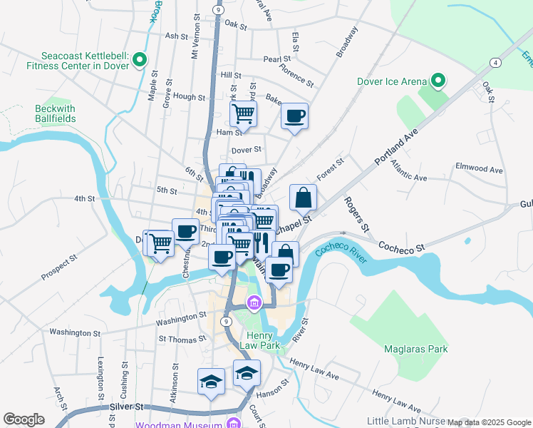 map of restaurants, bars, coffee shops, grocery stores, and more near 7 Saint John Street in Dover