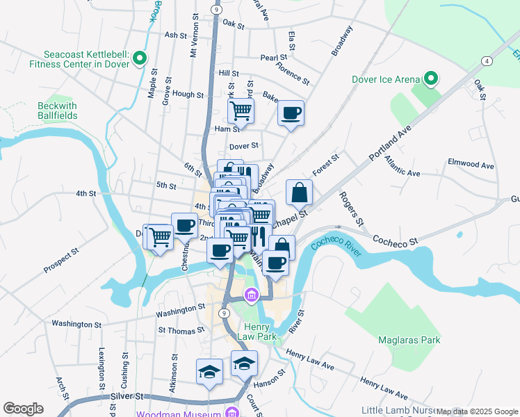 map of restaurants, bars, coffee shops, grocery stores, and more near 7 Saint John Street in Dover