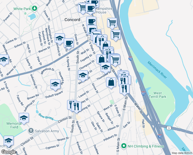 map of restaurants, bars, coffee shops, grocery stores, and more near 27 Thorndike Street in Concord