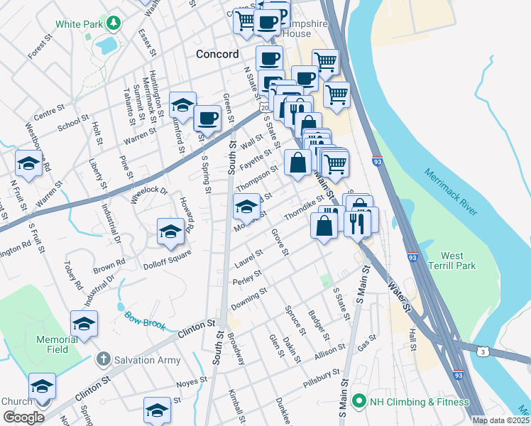 map of restaurants, bars, coffee shops, grocery stores, and more near 27 Thorndike Street in Concord