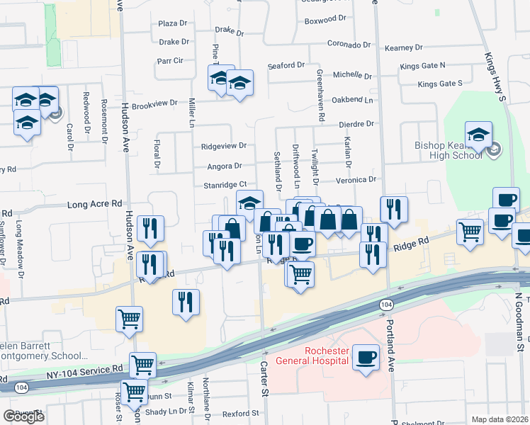 map of restaurants, bars, coffee shops, grocery stores, and more near 78 Stanton Lane in Rochester