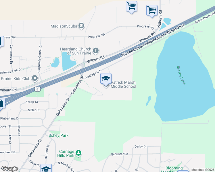 map of restaurants, bars, coffee shops, grocery stores, and more near 1351 Columbus Street in Sun Prairie