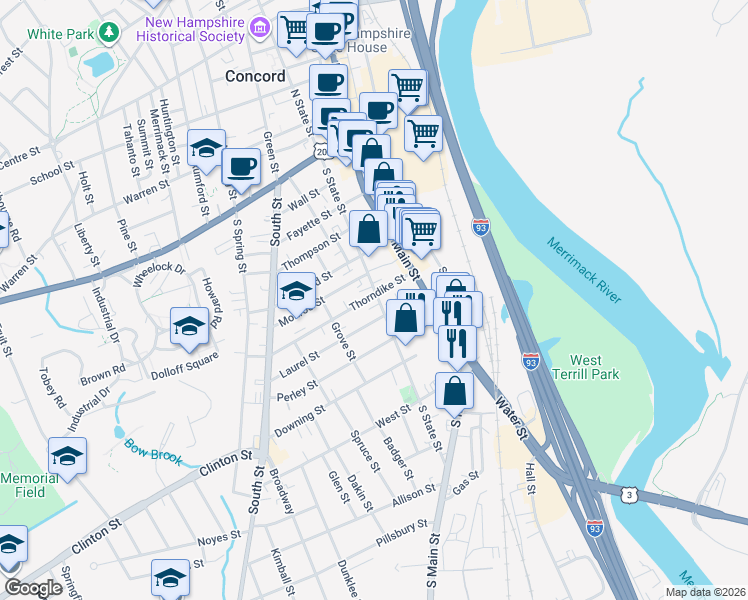 map of restaurants, bars, coffee shops, grocery stores, and more near 6 Laurel Street in Concord
