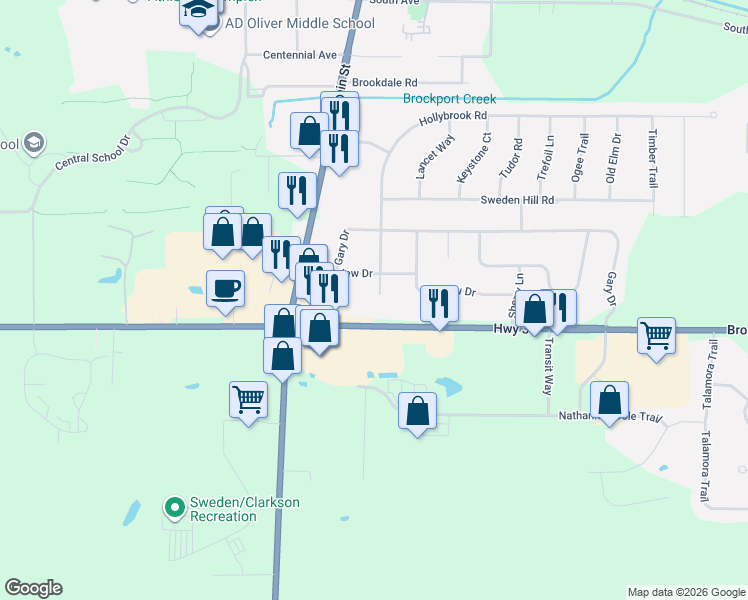 map of restaurants, bars, coffee shops, grocery stores, and more near 6448 Brockport Spencerport Road in Brockport